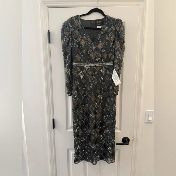 NWT Mac Duggal 5472 Long Sleeve Geometric Sequin Midi Dress sz 6 Charcoal/Gray